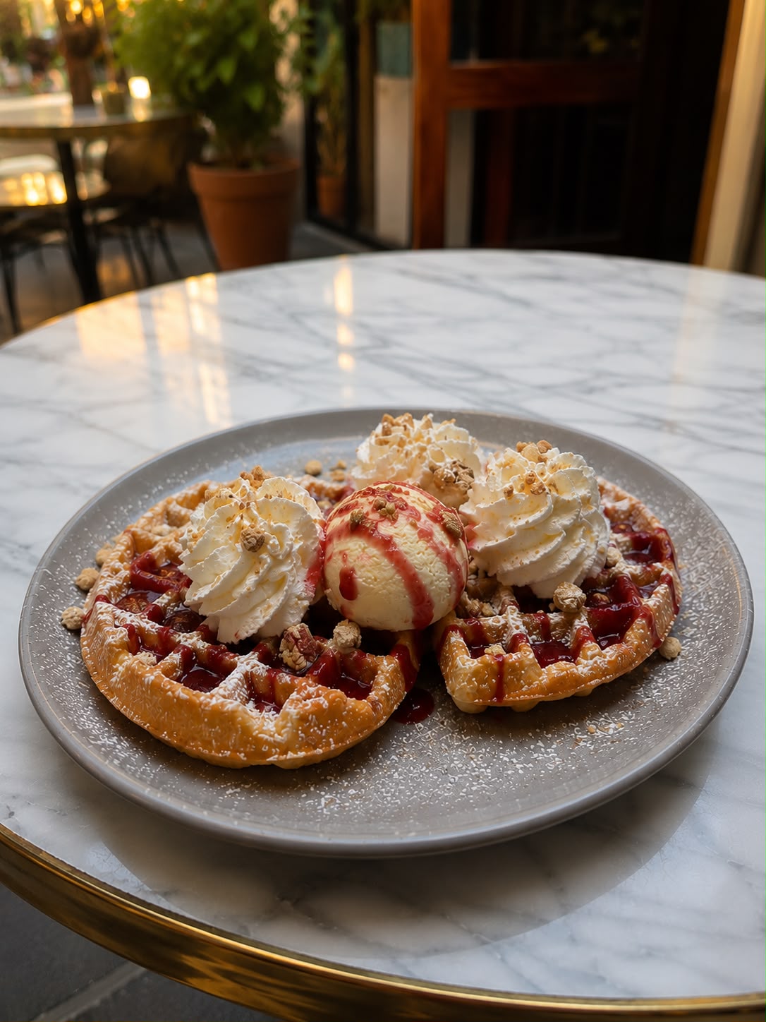 Mesa de brunch en EDÉN: waffles, croissant y café